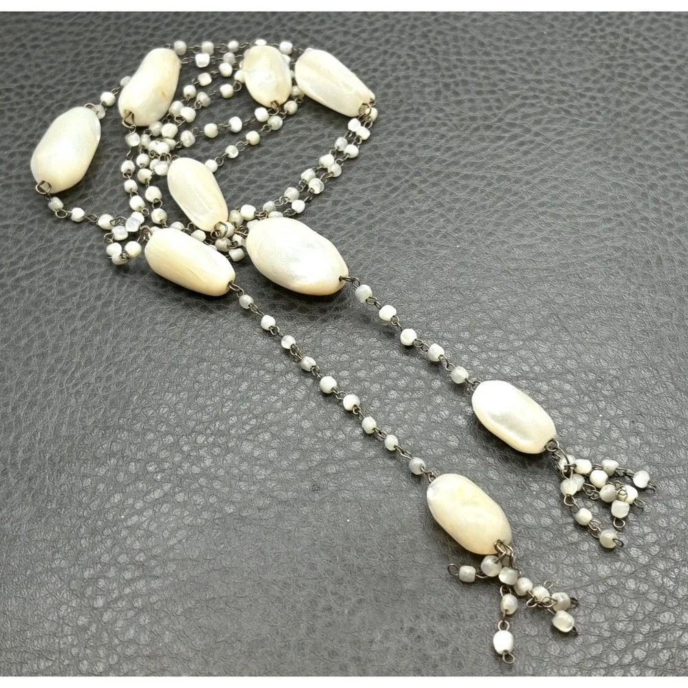 VTG ART DECO FLAPPER NECKLACE MOTHER OF PEARL NUGGET BEAD TASSEL TIE LARIAT 42